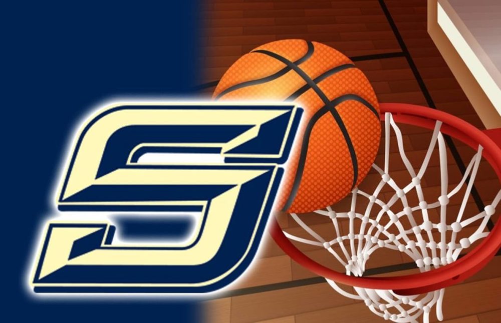Southside southerner "S" logo beside image of basketball going into goal