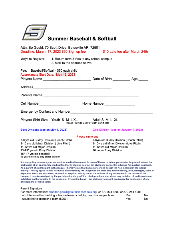 Summer Baseball and Softball Registration
